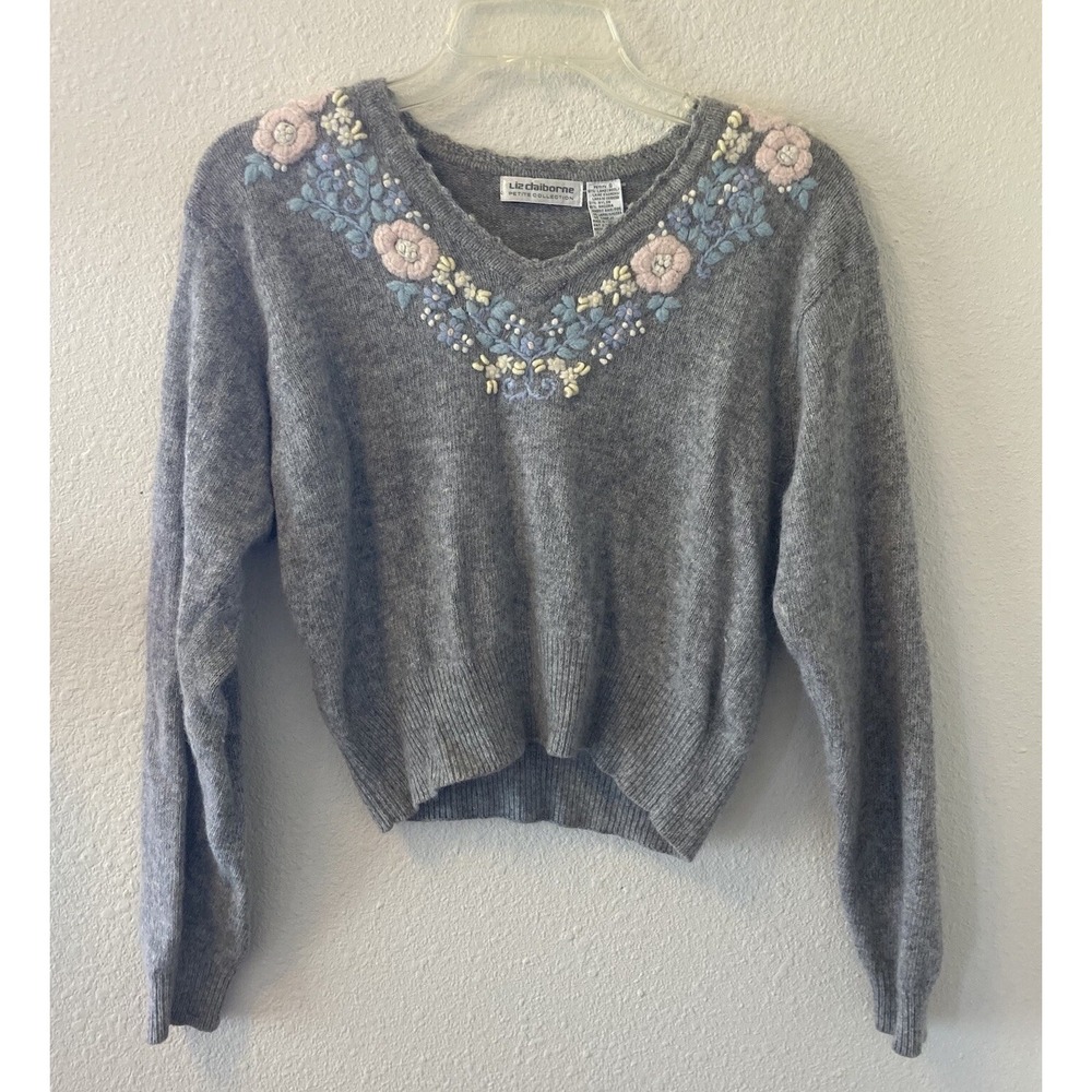 Liz Claiborne Women's Sweater Petite Small Wool Blend Embroidered Gray Cropped